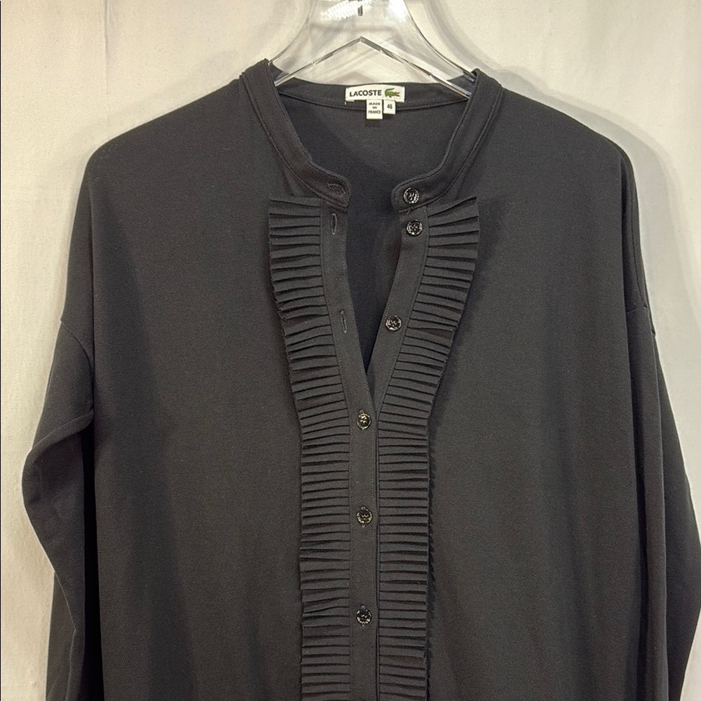 🦬 Lacoste black pique Knit cardigan ruffle front Top